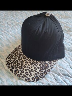 Black Cap with Leopard Print Brim